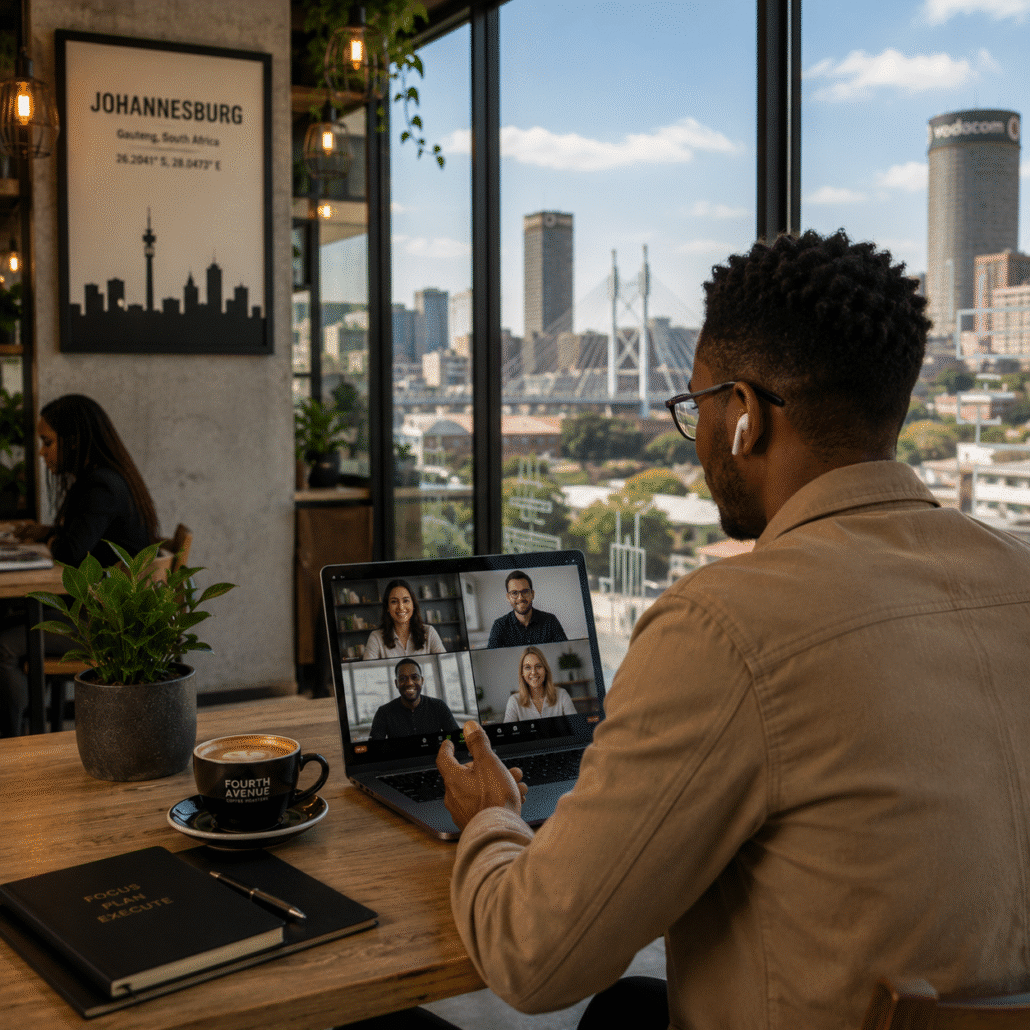 Remote Worker sitting at a coffee shop in Johannesburg, South Africa